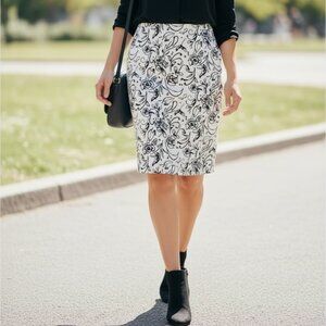 Vintage JACOB Floral Pencil Skirt Black & White | Knee Length | Size 11/12